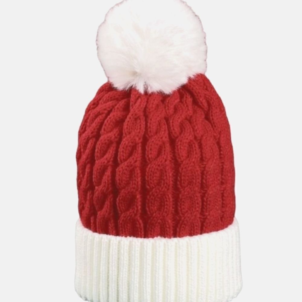 Red and White Pom Pom Beanie
